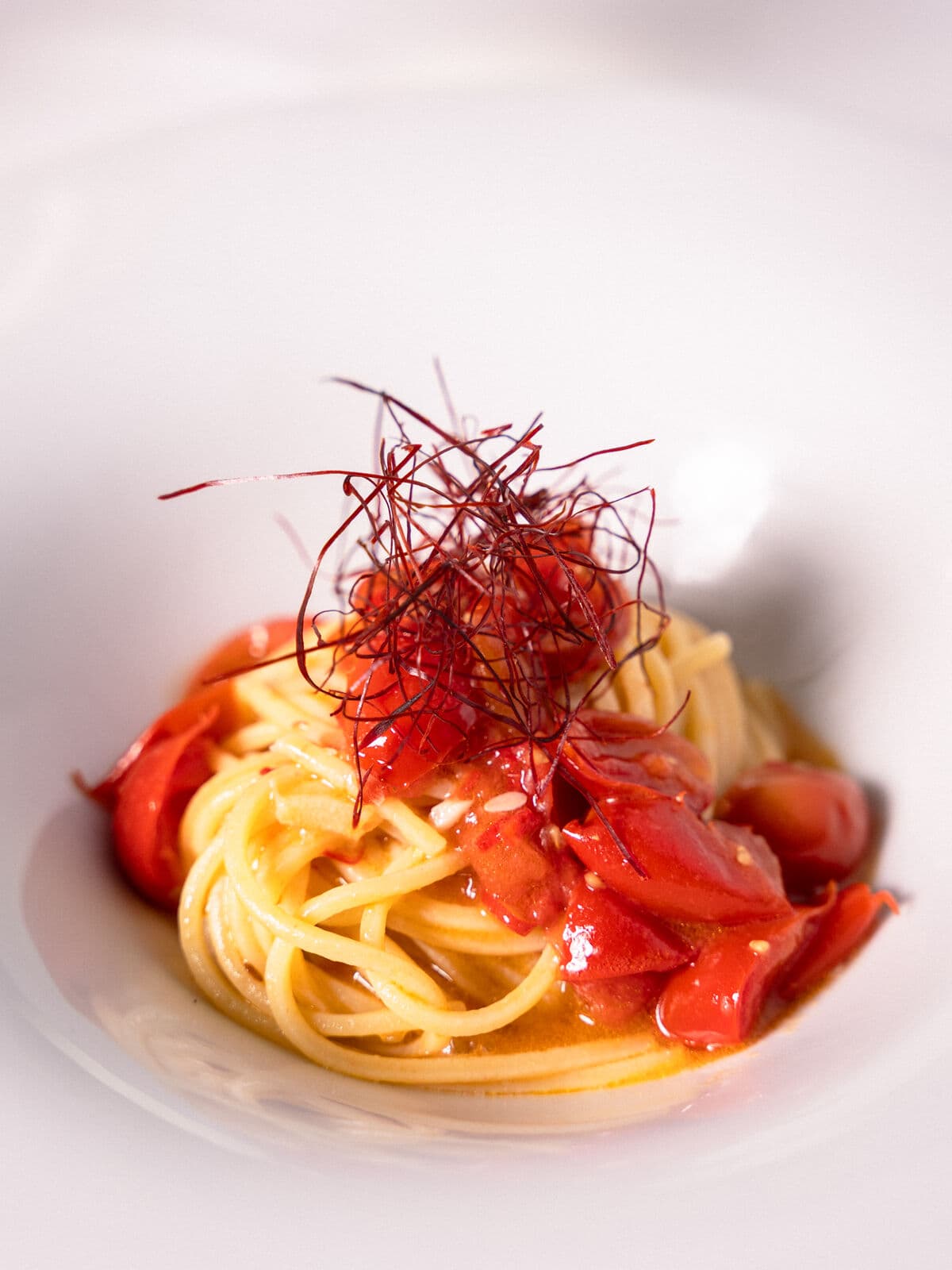 Lo Scivoloso: spaghetto aglio, olio e peperoncino con pomodorino fresco e fili di peperoncino